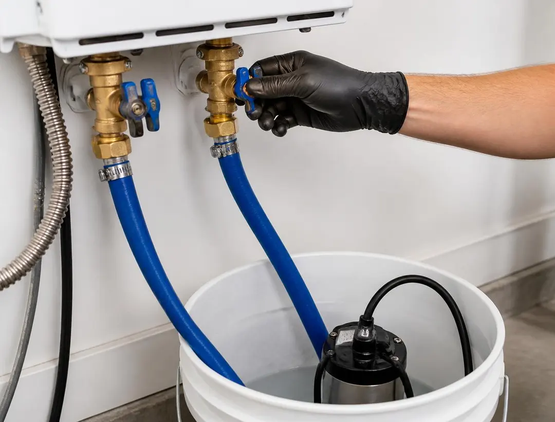 Descaling flush hoses connected to the isolation valves of a Navien tankless water heater