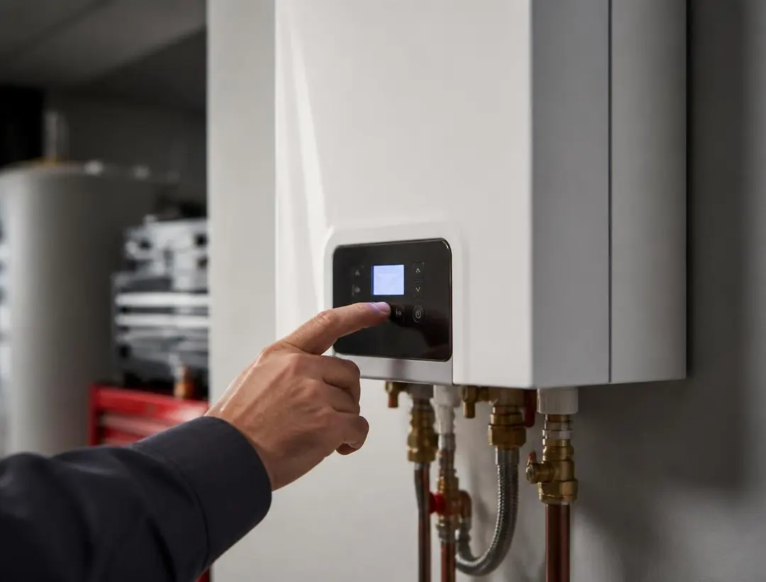 Technician reading an error code on a Navien tankless water heater control panel