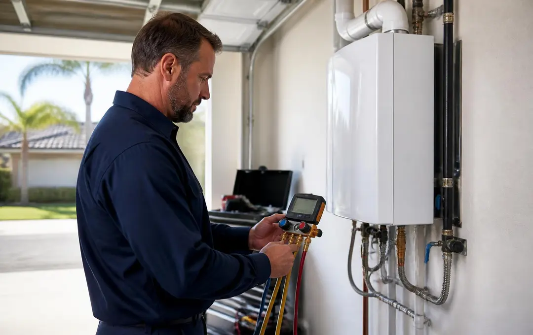 Technician servicing a wall-mounted Navien tankless water heater in a San Jose garage