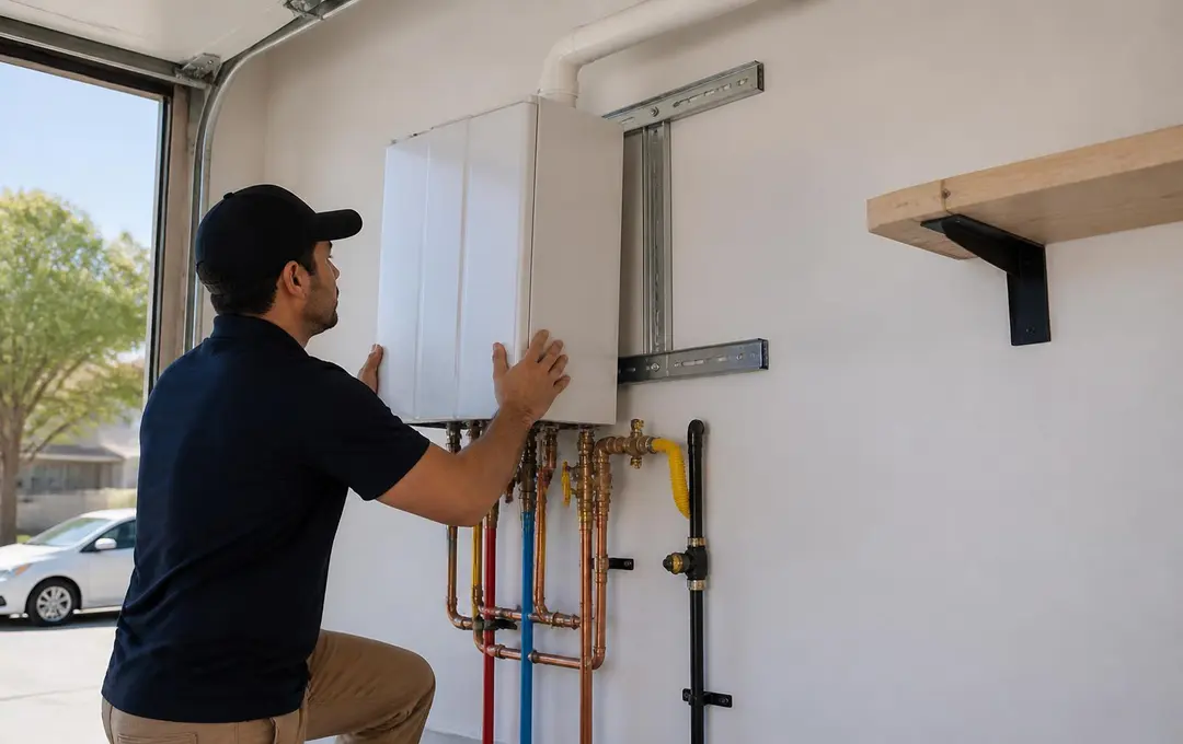 Specialist installing a new Navien tankless water heater with copper water lines and gas piping in a San Jose garage
