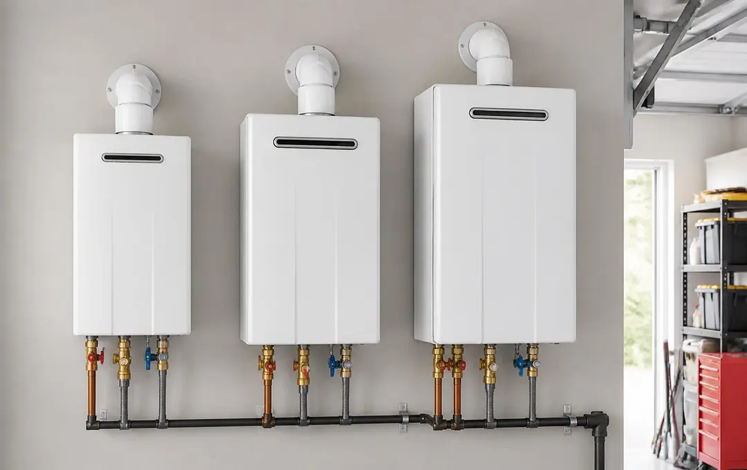 Three wall-mounted Navien-style tankless water heaters of different sizes installed side by side in a garage
