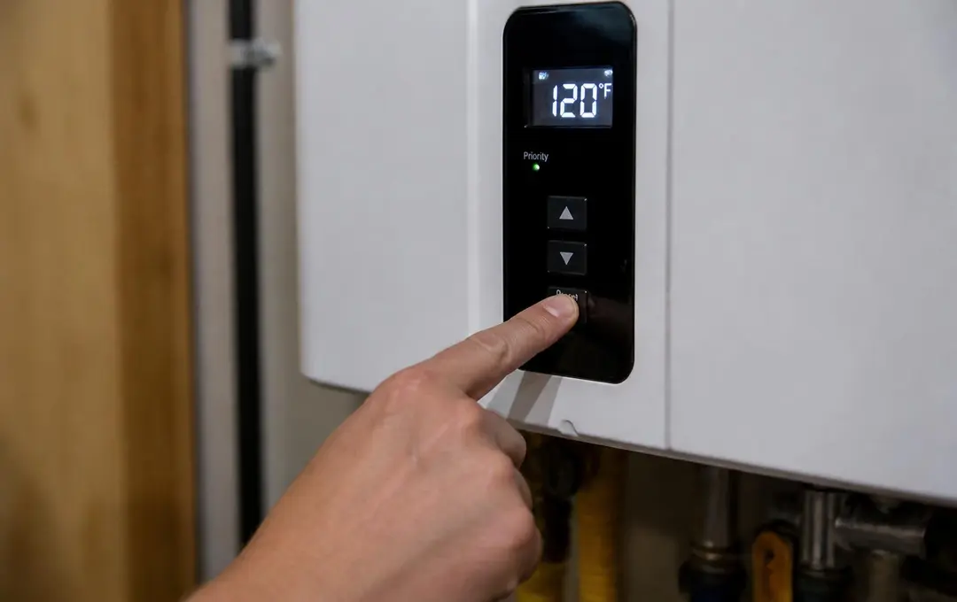 Homeowner pressing the reset button on a Navien tankless water heater control panel